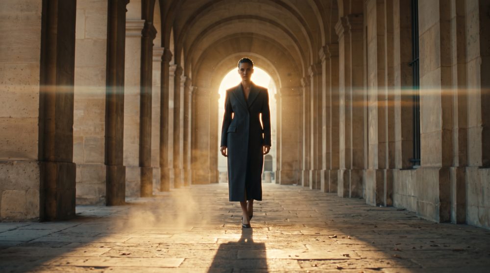 Fashion film still — model walking a sunlit stone arcade