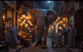 An elephant walking through a lantern-lit souk, a scene made with no set